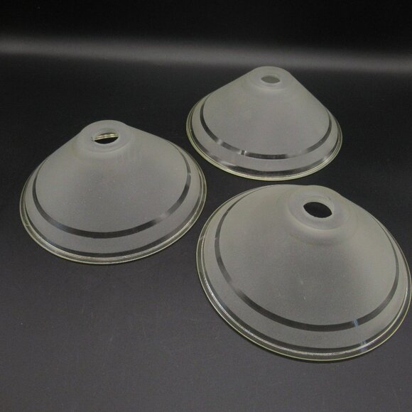 Set Of 3 Frosted Glass Light Lamp Shades With Clear Stripes Art Deco 6.75" - Picture 3 of 9